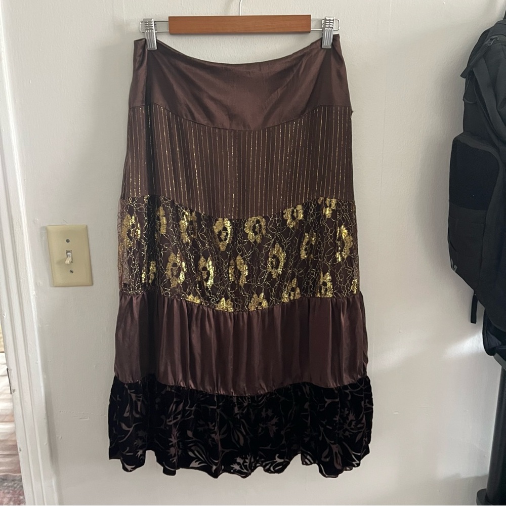 Spenser Jeremy 90s Tiered Velvet Peasant Skirt Size 6 Brown Silk Boho